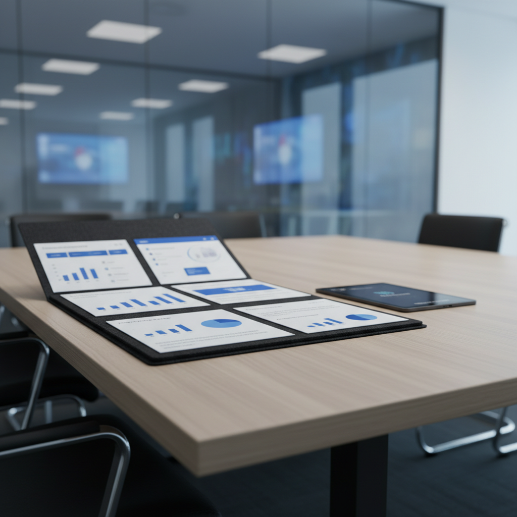 A modern conference table in light ash wood holding a single open portfolio case, revealing printed UX case study boards that combine interface mockups, analytics snapshots, and concise insights in a clean grid layout. A slim, matte-black tablet rests beside the case, its lock screen displaying a subtle notification glow. The background shows a blurred glass wall with faint reflections of interface screens. Overhead recessed lighting provides even, neutral illumination, while a hint of cool daylight from the right introduces gentle contrast. Photographic realism, shot from a low, three-quarter angle along the table’s edge, evoking a polished, presentation-ready atmosphere that highlights professional growth in UX analytics.