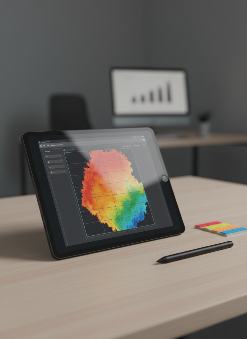A close-up view of a dark charcoal tablet lying on a pale birch desk, its screen displaying a detailed UX heatmap in vibrant reds, oranges, and cool blues over a wireframed interface. Beside it rests a fine-tip stylus and a narrow strip of color-coded sticky tabs. The background softly blurs into a neutral-toned office setting with a hint of a second monitor showing bar charts. Cool, even studio lighting from above and behind the camera creates precise reflections on the tablet glass and crisp edges on nearby objects. Photographic realism, centered composition with a shallow depth of field, conveying precision, focus, and analytical rigor.