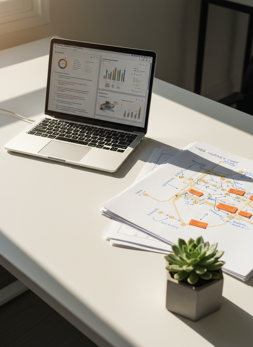 A neatly arranged workspace featuring a silver laptop open to side-by-side UX research findings and analytics graphs, placed on a smooth white desk with a slight satin sheen. Next to the laptop lies a stack of printed user journey maps with highlighted touchpoints and handwritten annotations. A small, geometric concrete planter with a green succulent adds texture and color. Soft afternoon natural light pours in from the left, creating clear but gentle shadows and a focused, contemplative atmosphere. Photographic realism, composed using the rule of thirds from a slightly elevated angle, with a crisp, modern aesthetic that conveys thoughtful, analytical design work.