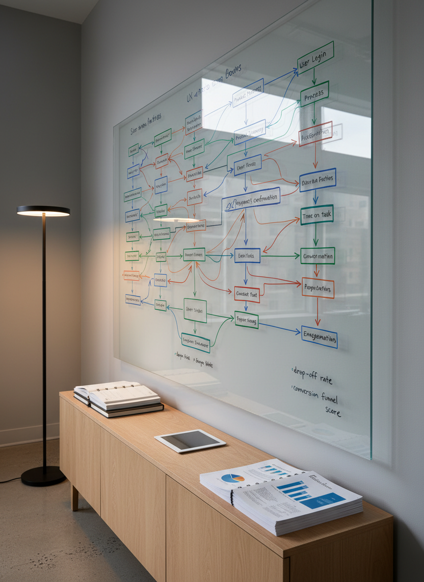 A large, wall-mounted glass board filled with meticulously drawn UX flow diagrams, color-coded arrows, and neatly written metric labels such as ‘drop-off rate’ and ‘time on task.’ Below, a low, light-wood credenza holds stacked notebooks, carefully arranged printed reports, and a closed tablet. A slim floor lamp casts warm, diffused LED light across the board, creating delicate reflections and soft glows around the ink lines. The room is otherwise minimal, with neutral gray walls and a polished concrete floor. Photographic realism, shot from a slight side angle to capture depth, evoking a focused, professional atmosphere of systematic UX analysis.